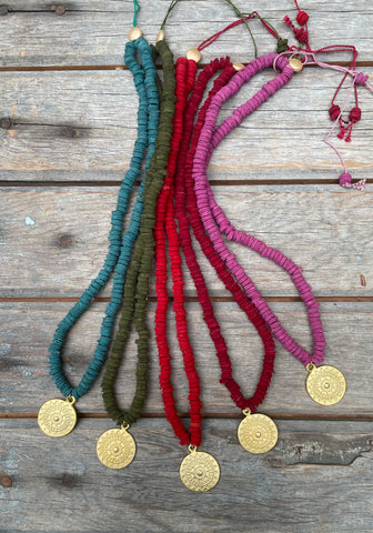 Suede heishi beaded Necklace w/Mandala pendant