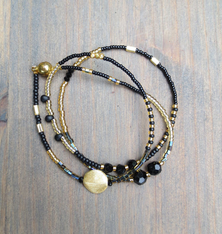 Wrap bracelet/Necklace 'Black&Gold' 18-19"