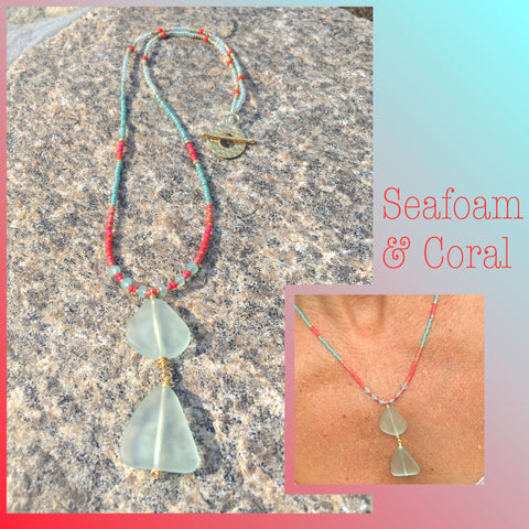 Beaded Sea glass pendant Necklace Lea