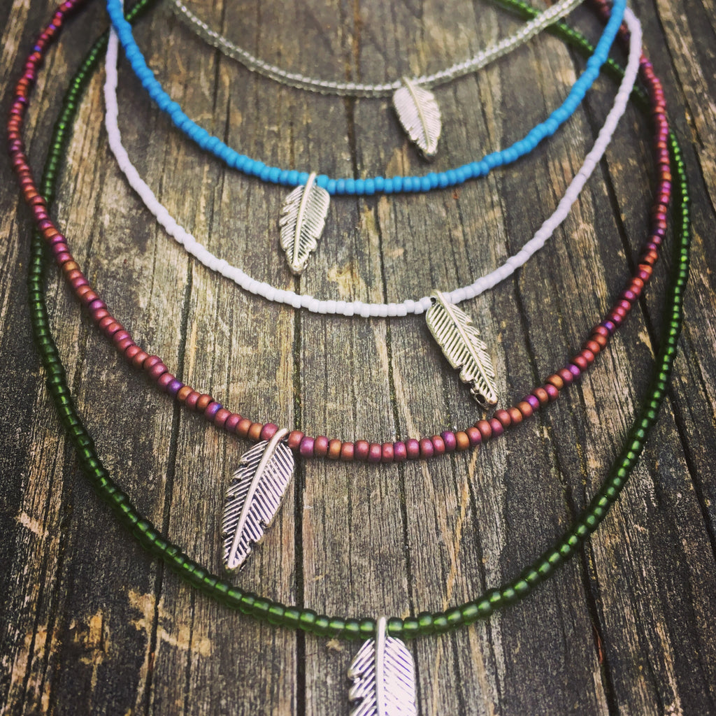 Beaded Choker Necklace Feather