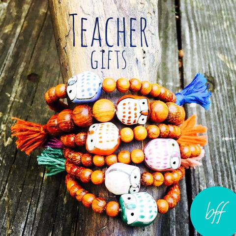 Wood beaded bracelet w/Owl