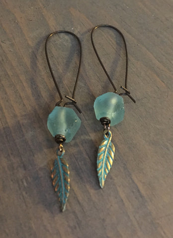 Bronze Earrings with African sea glass